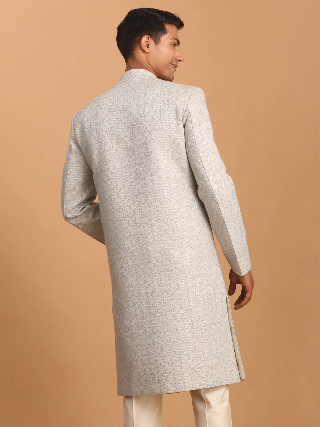 VASTRAMAY Grey Leaf Motif Jacquard Sherwani
