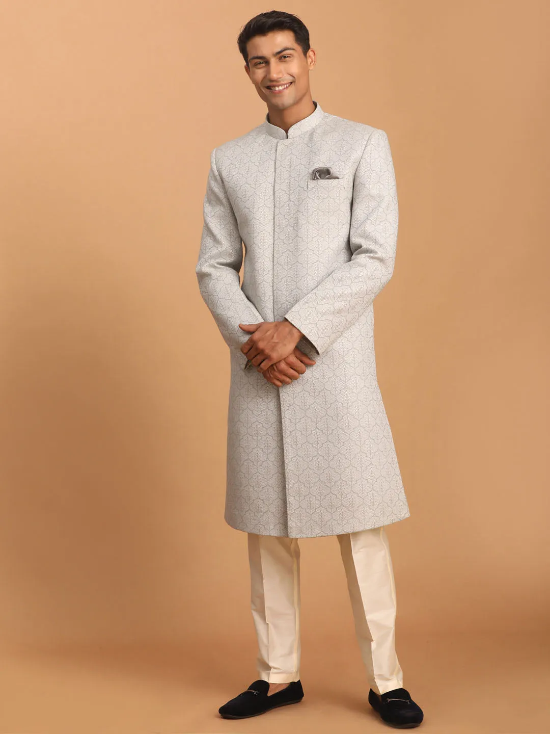 VASTRAMAY Grey Leaf Motif Jacquard Sherwani