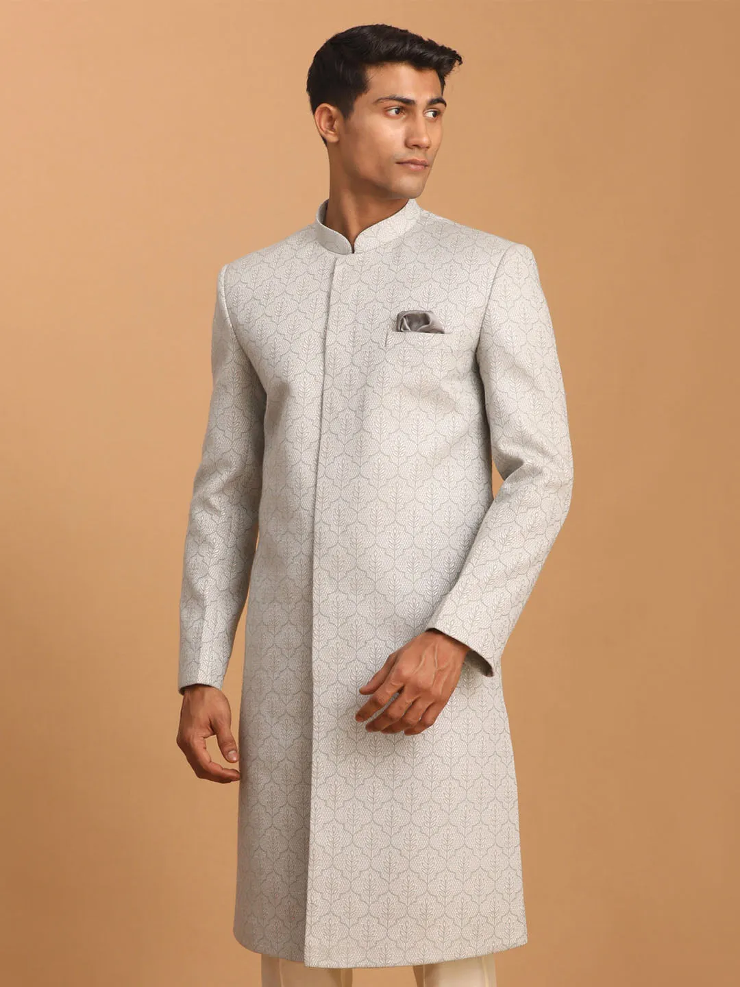 VASTRAMAY Grey Leaf Motif Jacquard Sherwani