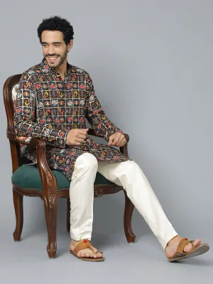 VASTRAMAY Men's Navy Blue Patola Kurta Set