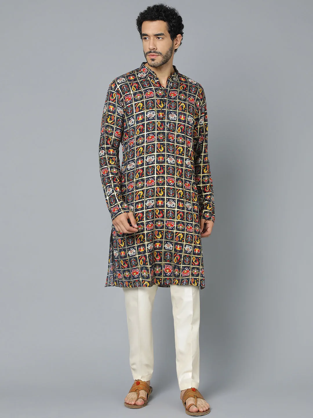 VASTRAMAY Men's Navy Blue Patola Kurta Set