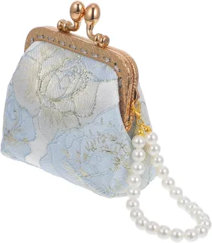Vintage Floral Embroidered Clutch Purse Women's Evening Bag Fake Pearl Strap for Bridal Formal Parties