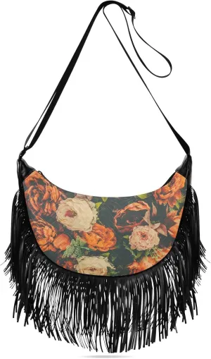 Vintage-flower Print Women Tassel Fringe Shoulder bag, Fringe Purse Crossbody, Women Tassel Hobo Bag with Zipper