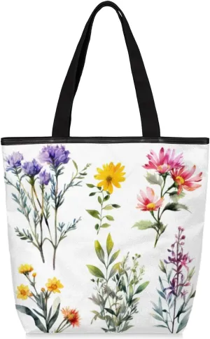 Watercolor Pastel Flowers Canvas Tote Bag for Women with Zipper Large Capacity Bags with Inner Pocket Beach Bags Reusable Grocery Gym Tote Bags for Shopping, Work, Beach, Gift