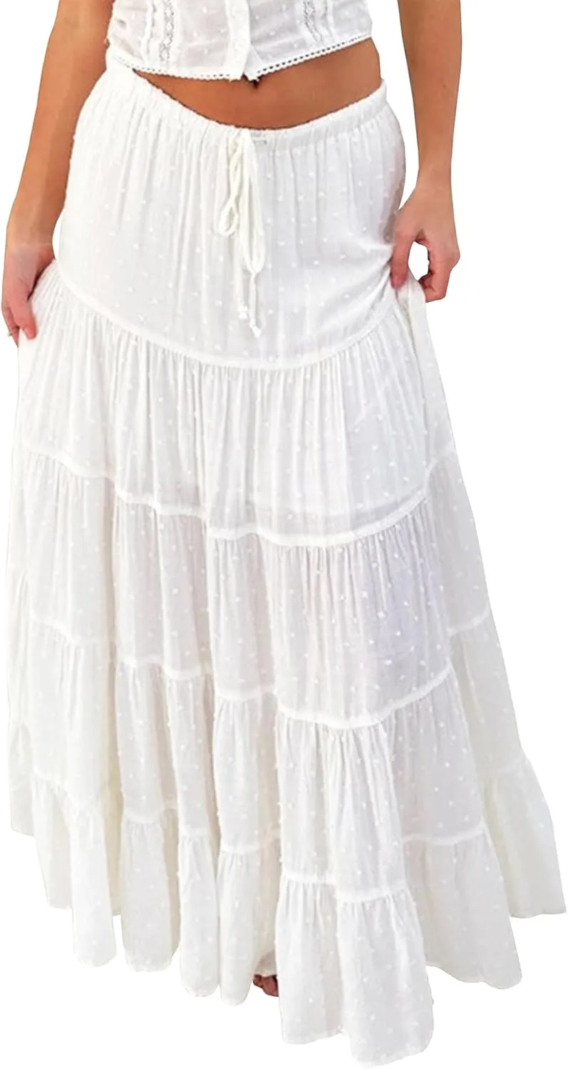 White Maxi Skirt for Women Casual Elastic Waist A-Line Pleated Summer Boho Beach Long Skirts