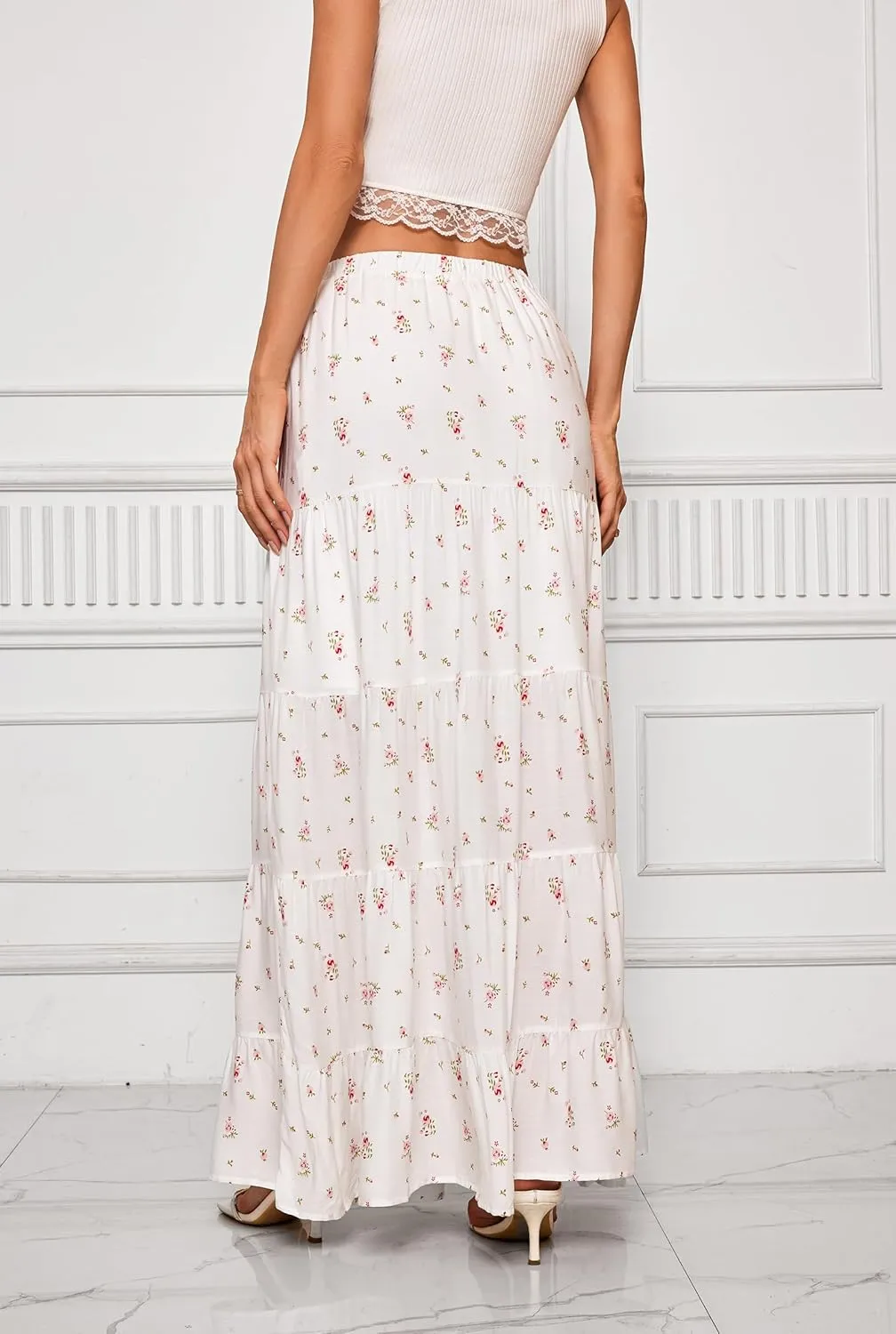 White Maxi Skirt for Women Casual Elastic Waist A-Line Pleated Summer Boho Beach Long Skirts
