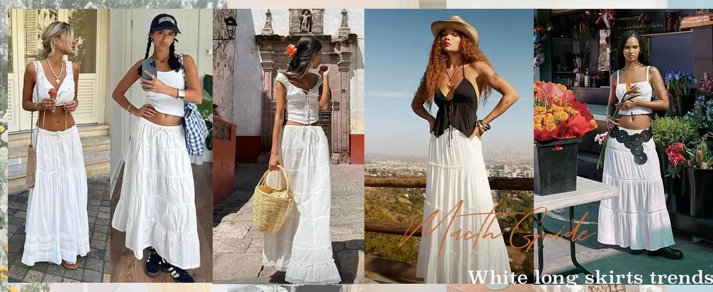 White Maxi Skirt for Women Casual Elastic Waist A-Line Pleated Summer Boho Beach Long Skirts