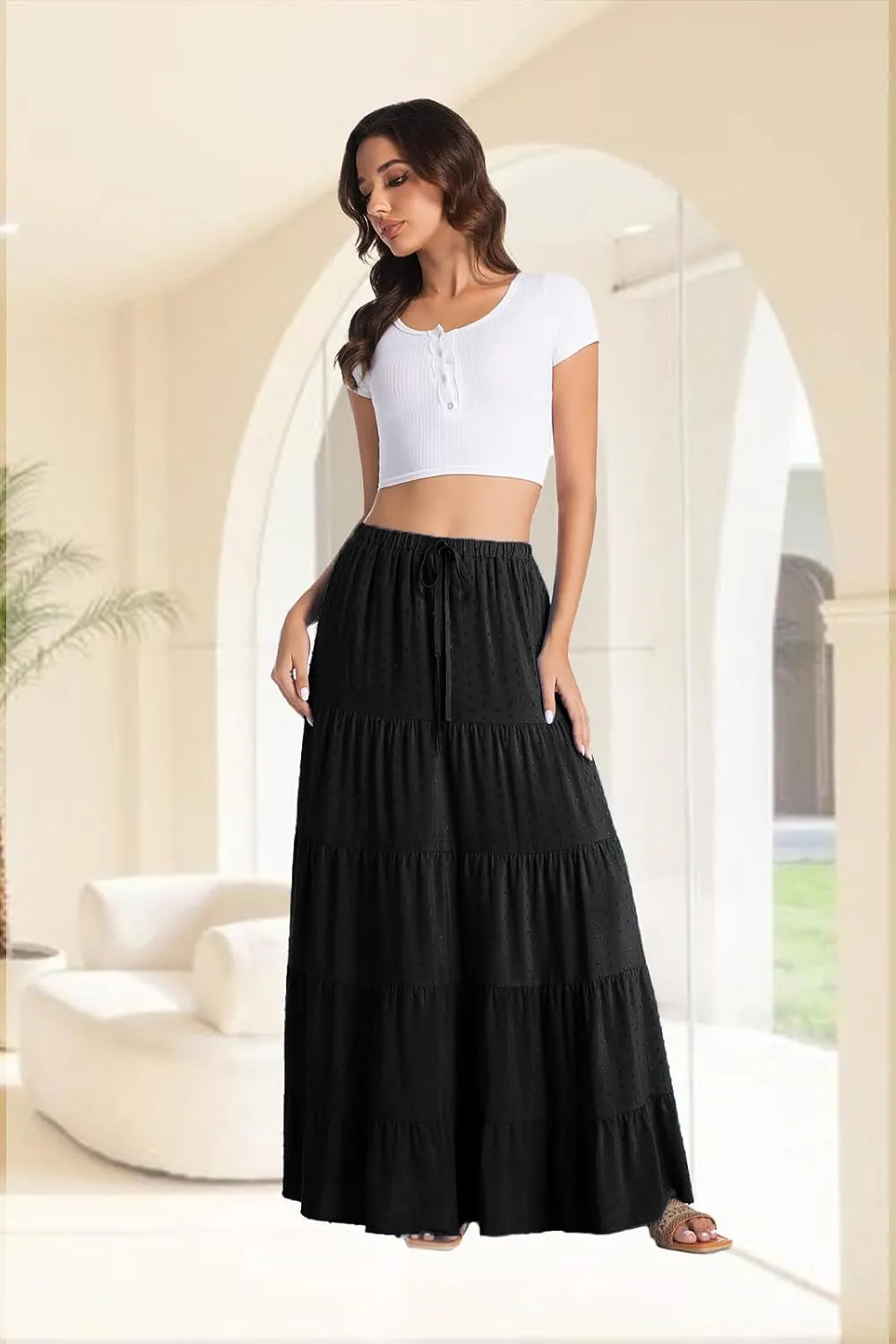 White Maxi Skirt for Women Casual Elastic Waist A-Line Pleated Summer Boho Beach Long Skirts