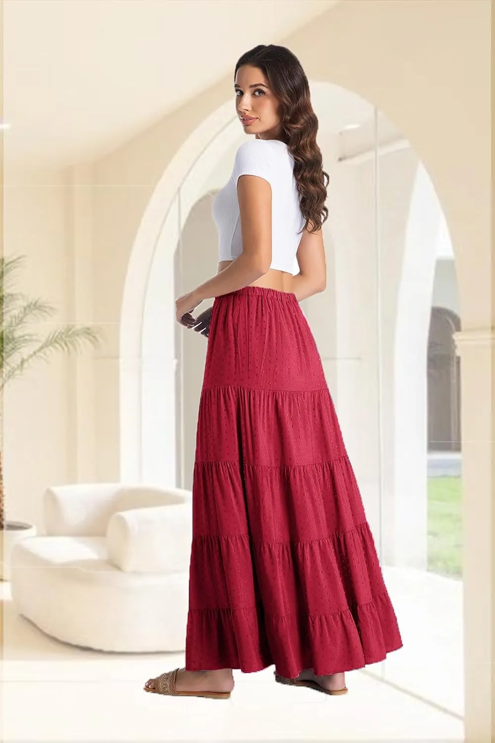 White Maxi Skirt for Women Casual Elastic Waist A-Line Pleated Summer Boho Beach Long Skirts