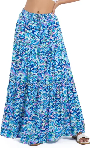 White Maxi Skirt for Women Casual Elastic Waist A-Line Pleated Summer Boho Beach Long Skirts