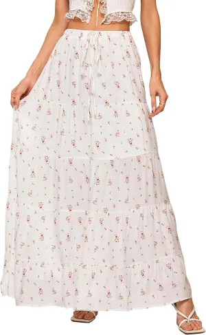White Maxi Skirt for Women Casual Elastic Waist A-Line Pleated Summer Boho Beach Long Skirts