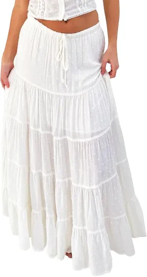 White Maxi Skirt for Women Casual Elastic Waist A-Line Pleated Summer Boho Beach Long Skirts