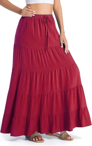 White Maxi Skirt for Women Casual Elastic Waist A-Line Pleated Summer Boho Beach Long Skirts