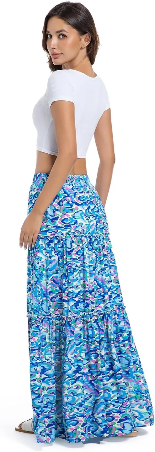 White Maxi Skirt for Women Casual Elastic Waist A-Line Pleated Summer Boho Beach Long Skirts
