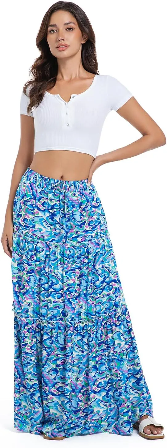 White Maxi Skirt for Women Casual Elastic Waist A-Line Pleated Summer Boho Beach Long Skirts