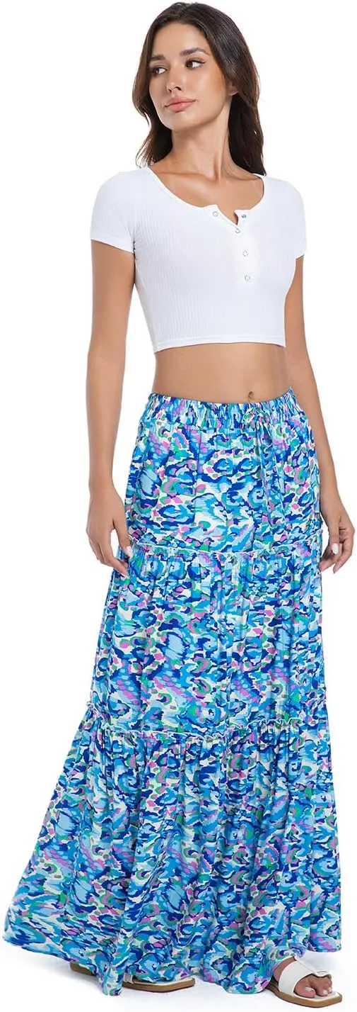 White Maxi Skirt for Women Casual Elastic Waist A-Line Pleated Summer Boho Beach Long Skirts