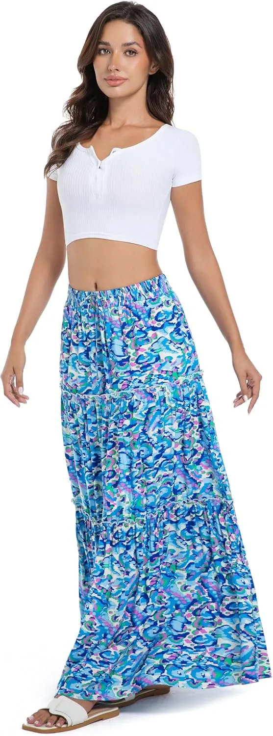 White Maxi Skirt for Women Casual Elastic Waist A-Line Pleated Summer Boho Beach Long Skirts