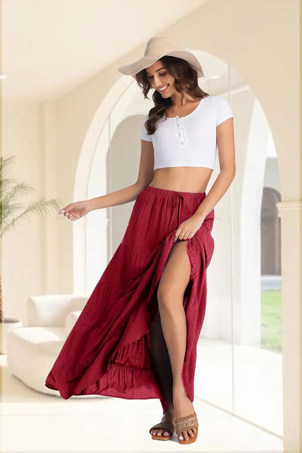 White Maxi Skirt for Women Casual Elastic Waist A-Line Pleated Summer Boho Beach Long Skirts