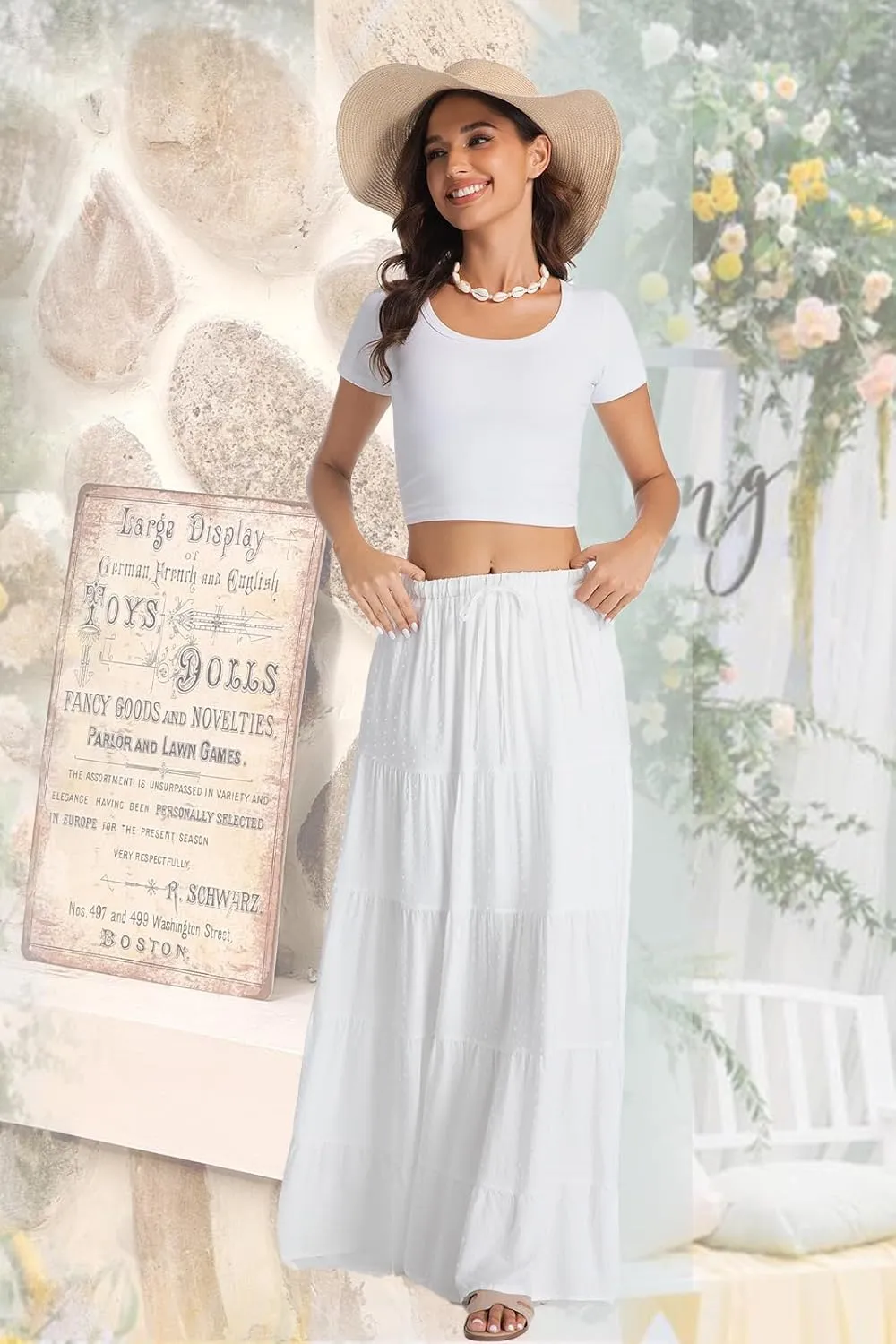 White Maxi Skirt for Women Casual Elastic Waist A-Line Pleated Summer Boho Beach Long Skirts