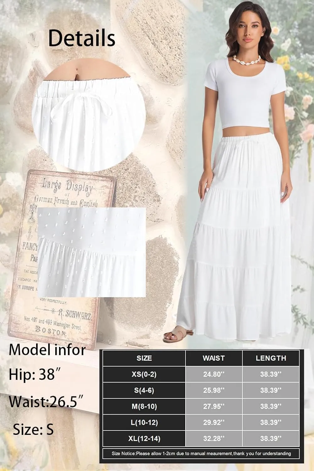 White Maxi Skirt for Women Casual Elastic Waist A-Line Pleated Summer Boho Beach Long Skirts