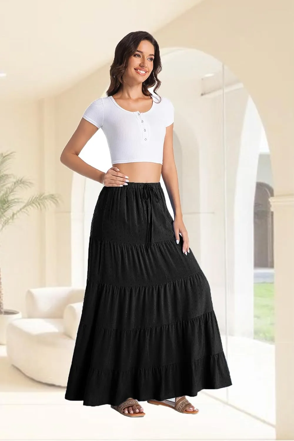 White Maxi Skirt for Women Casual Elastic Waist A-Line Pleated Summer Boho Beach Long Skirts
