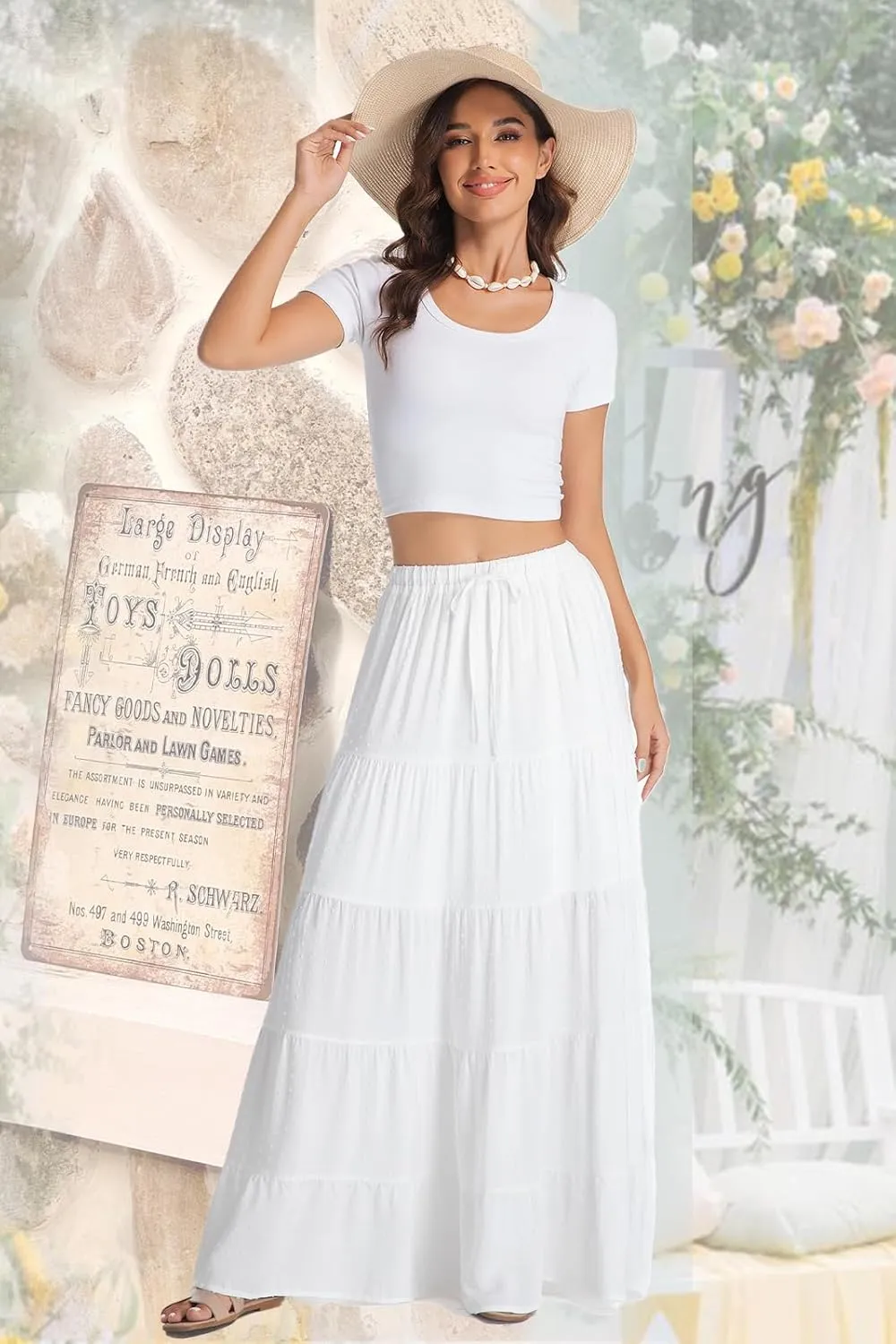 White Maxi Skirt for Women Casual Elastic Waist A-Line Pleated Summer Boho Beach Long Skirts