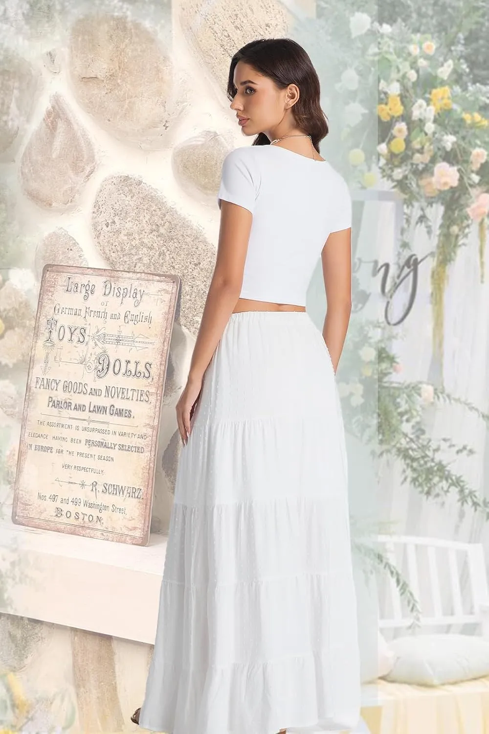 White Maxi Skirt for Women Casual Elastic Waist A-Line Pleated Summer Boho Beach Long Skirts