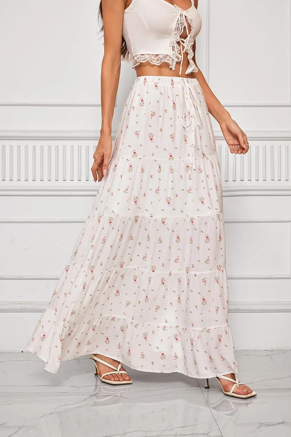 White Maxi Skirt for Women Casual Elastic Waist A-Line Pleated Summer Boho Beach Long Skirts