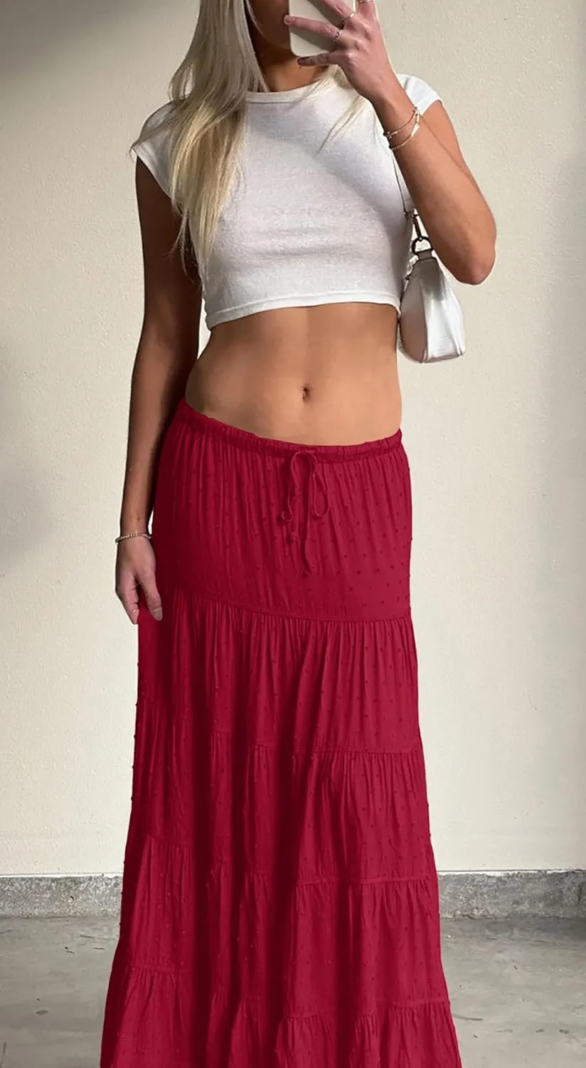 White Maxi Skirt for Women Casual Elastic Waist A-Line Pleated Summer Boho Beach Long Skirts