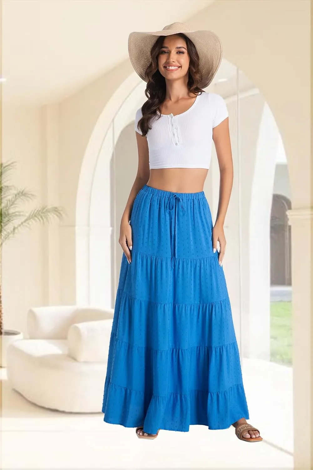 White Maxi Skirt for Women Casual Elastic Waist A-Line Pleated Summer Boho Beach Long Skirts