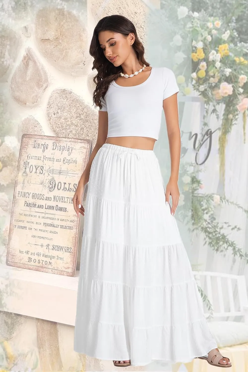 White Maxi Skirt for Women Casual Elastic Waist A-Line Pleated Summer Boho Beach Long Skirts