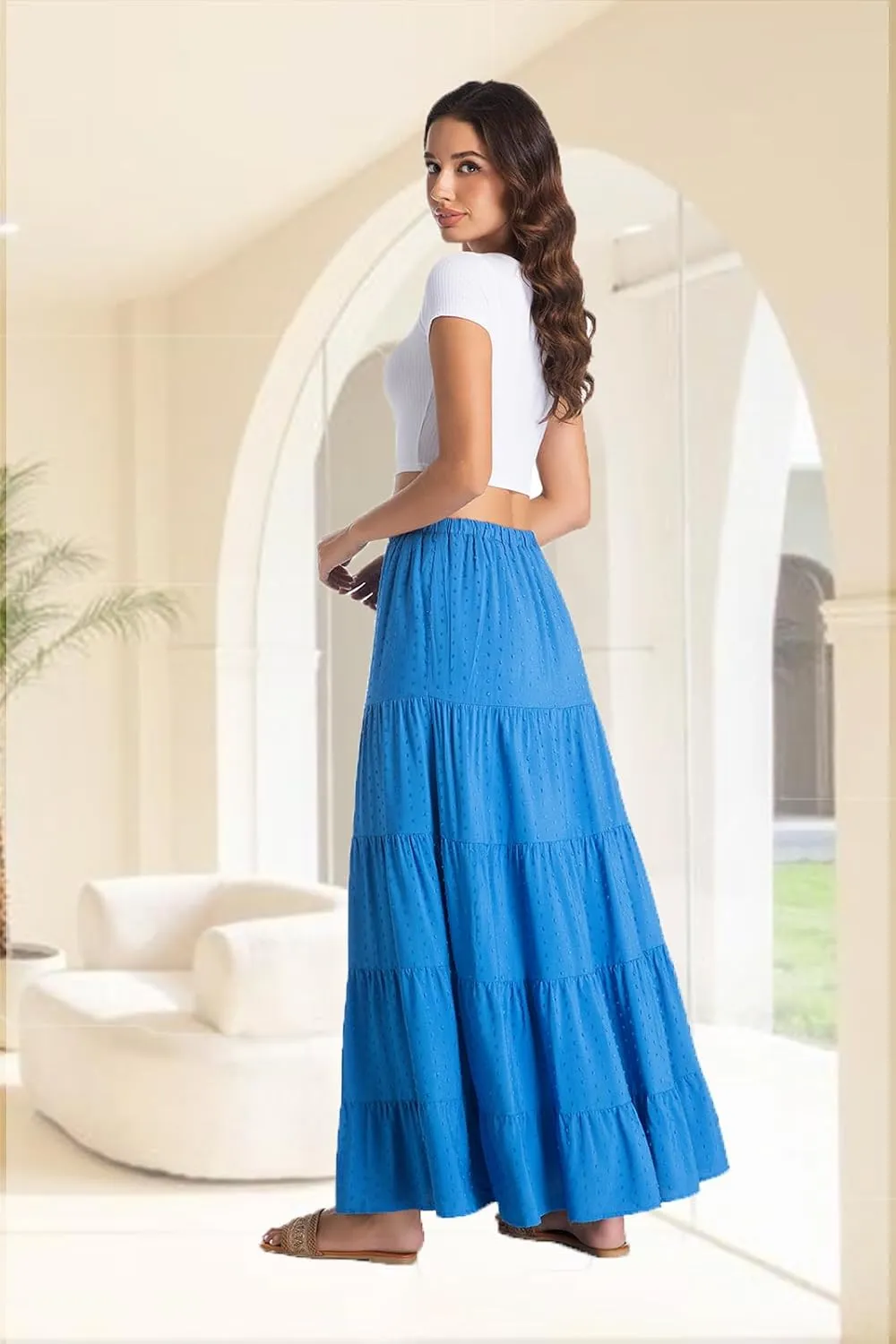 White Maxi Skirt for Women Casual Elastic Waist A-Line Pleated Summer Boho Beach Long Skirts