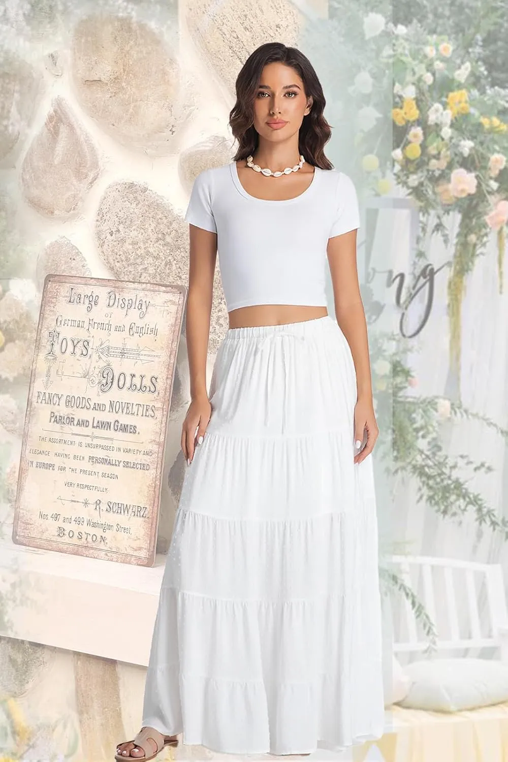 White Maxi Skirt for Women Casual Elastic Waist A-Line Pleated Summer Boho Beach Long Skirts