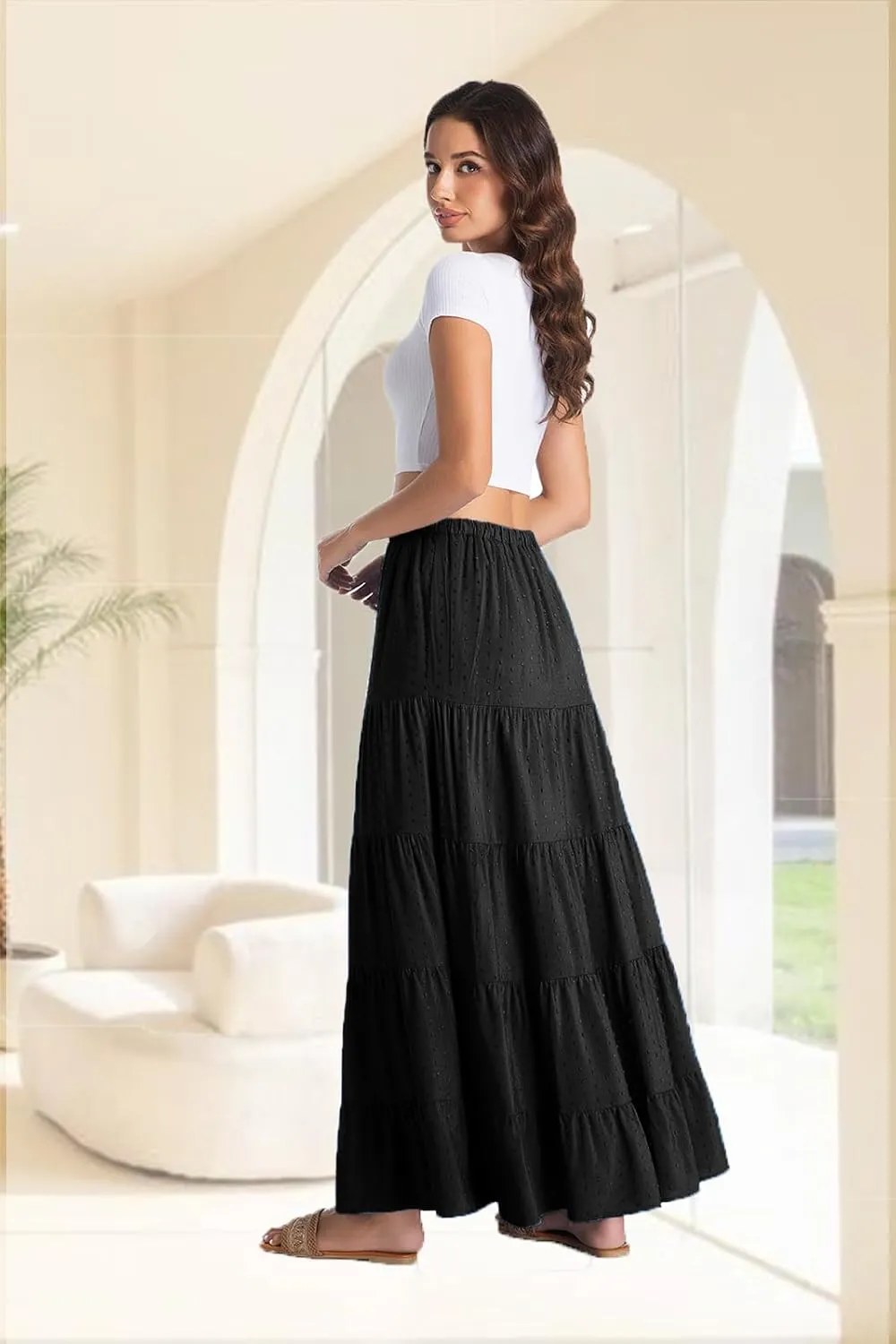 White Maxi Skirt for Women Casual Elastic Waist A-Line Pleated Summer Boho Beach Long Skirts