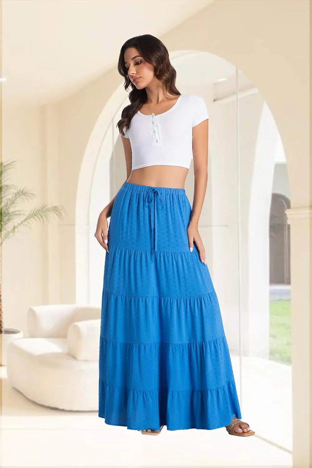 White Maxi Skirt for Women Casual Elastic Waist A-Line Pleated Summer Boho Beach Long Skirts