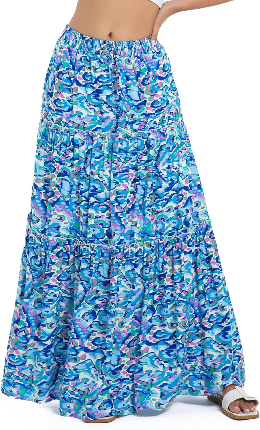 White Maxi Skirt for Women Casual Elastic Waist A-Line Pleated Summer Boho Beach Long Skirts
