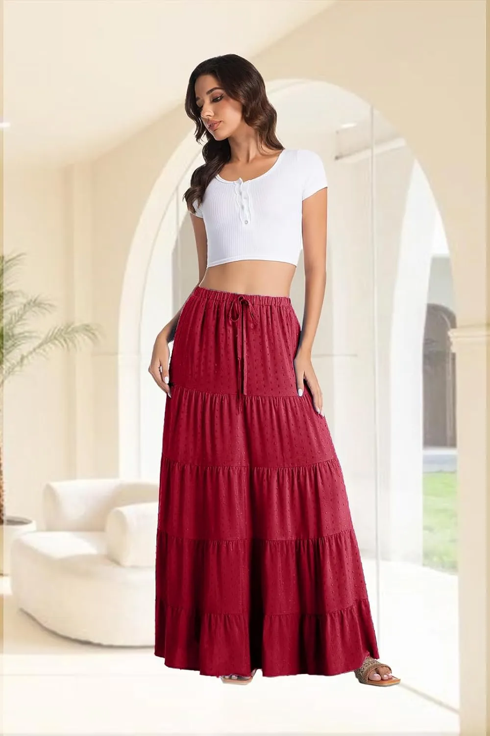 White Maxi Skirt for Women Casual Elastic Waist A-Line Pleated Summer Boho Beach Long Skirts