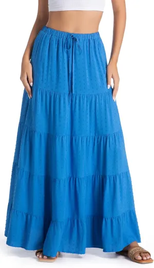 White Maxi Skirt for Women Casual Elastic Waist A-Line Pleated Summer Boho Beach Long Skirts
