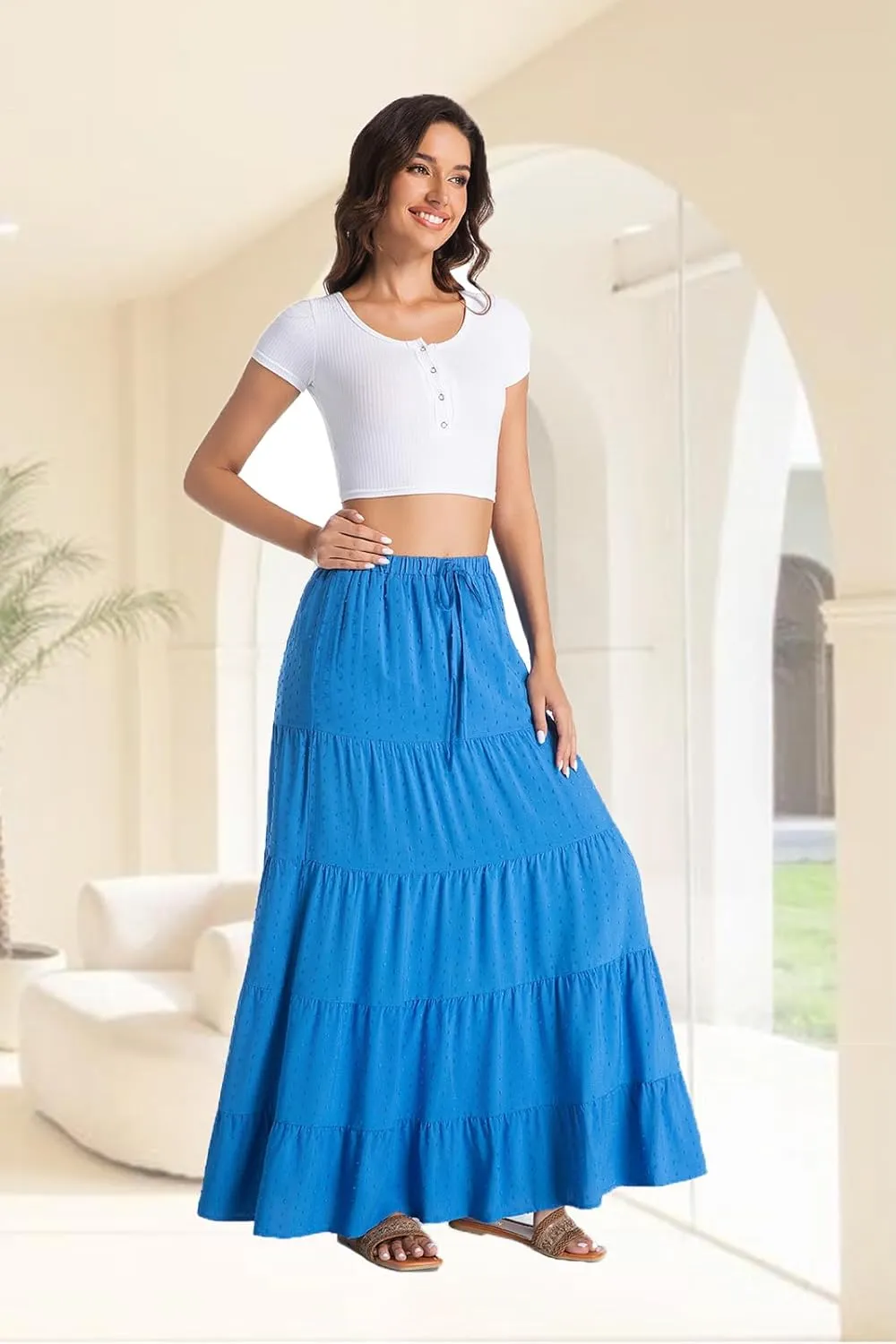 White Maxi Skirt for Women Casual Elastic Waist A-Line Pleated Summer Boho Beach Long Skirts