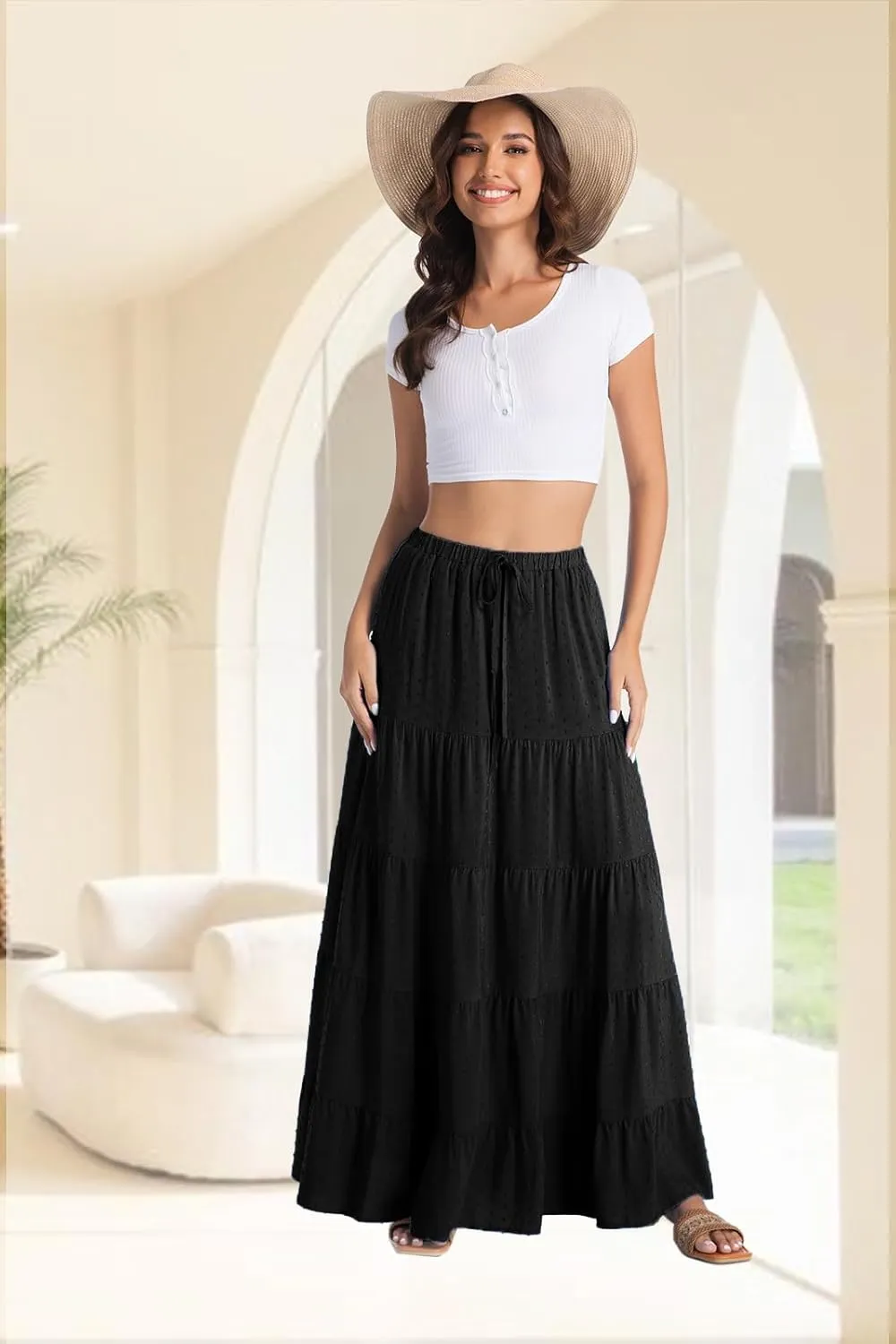 White Maxi Skirt for Women Casual Elastic Waist A-Line Pleated Summer Boho Beach Long Skirts