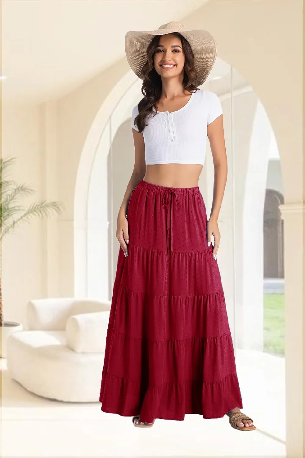 White Maxi Skirt for Women Casual Elastic Waist A-Line Pleated Summer Boho Beach Long Skirts