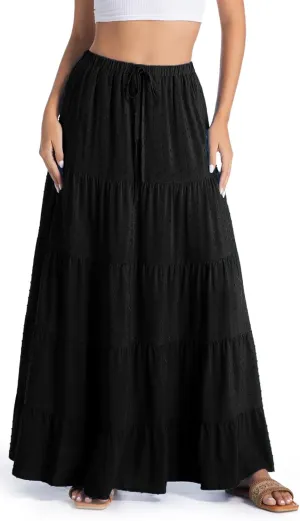 White Maxi Skirt for Women Casual Elastic Waist A-Line Pleated Summer Boho Beach Long Skirts