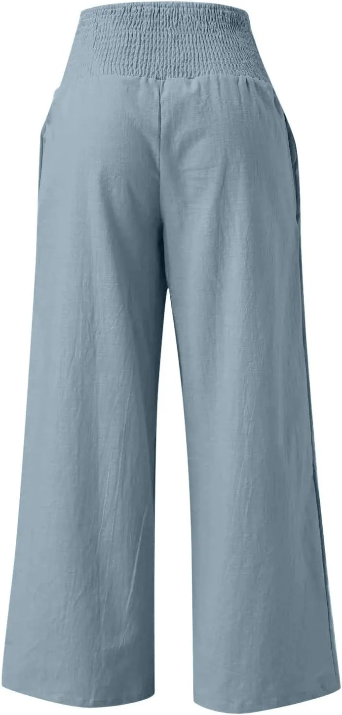 Wide Leg Pants Women Summer Casual Drawstring High Waist Cotton Linen Trousers Resort Wear Beach Trendy Palazzo Pant