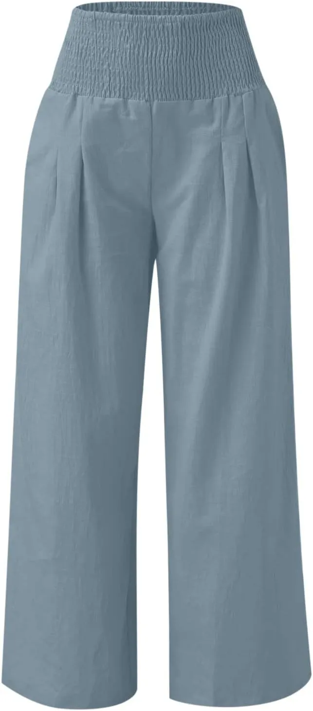 Wide Leg Pants Women Summer Casual Drawstring High Waist Cotton Linen Trousers Resort Wear Beach Trendy Palazzo Pant