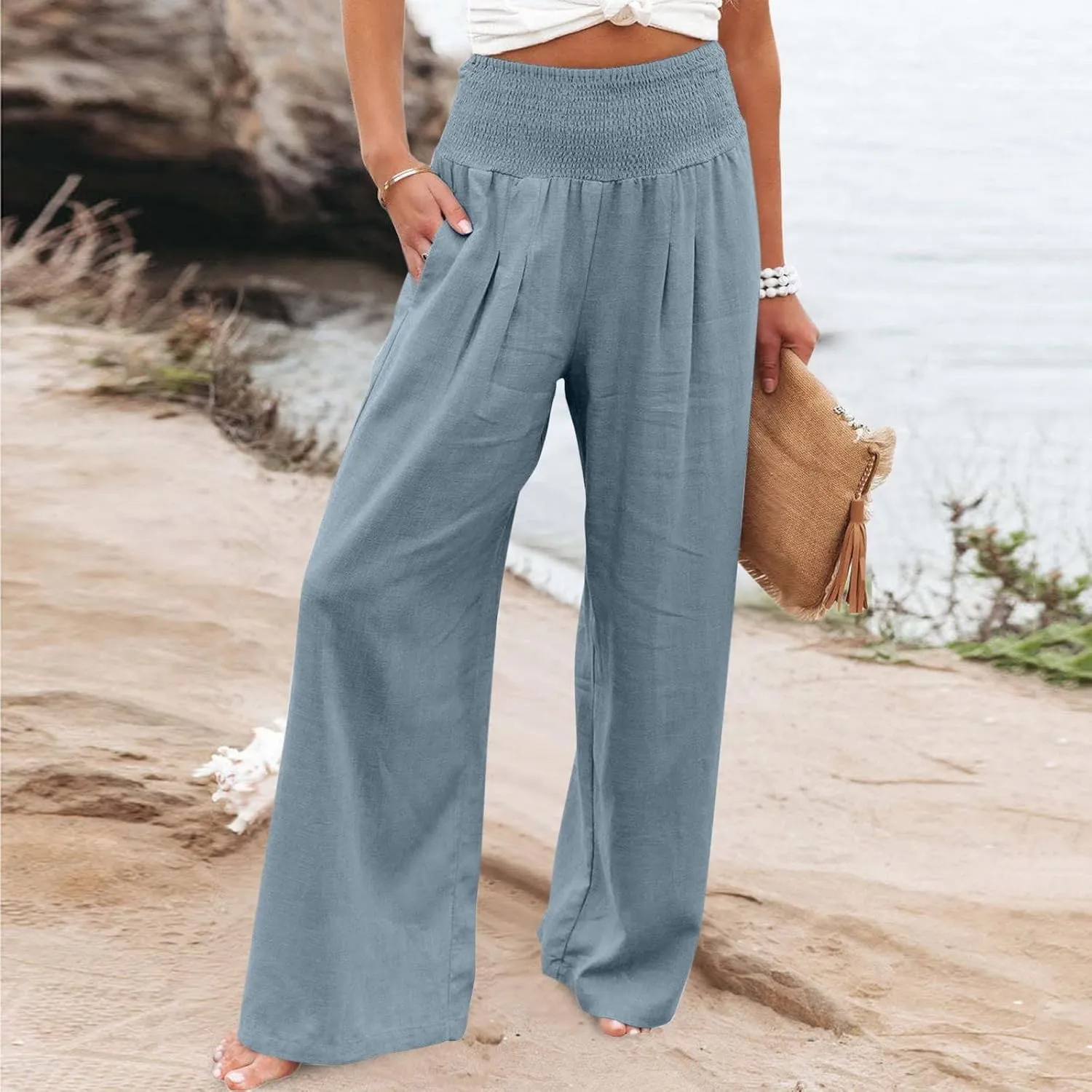 Wide Leg Pants Women Summer Casual Drawstring High Waist Cotton Linen Trousers Resort Wear Beach Trendy Palazzo Pant
