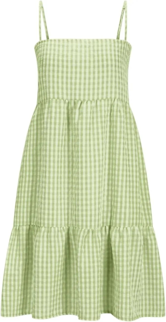 Women 2025 Summer Plaid Mini Dress Casual Boho Sleeveless Ruffle Spaghetti Strap Cami Babydoll Dresses with Pockets