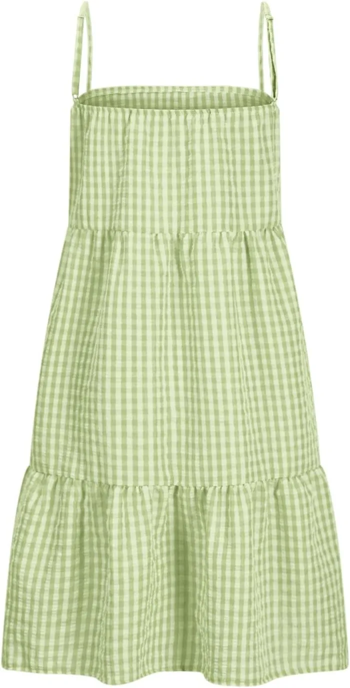 Women 2025 Summer Plaid Mini Dress Casual Boho Sleeveless Ruffle Spaghetti Strap Cami Babydoll Dresses with Pockets