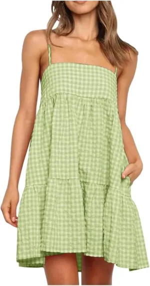 Women 2025 Summer Plaid Mini Dress Casual Boho Sleeveless Ruffle Spaghetti Strap Cami Babydoll Dresses with Pockets