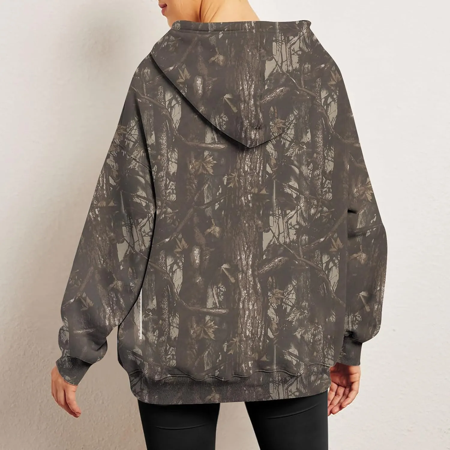 Women Camo Hoodie Maple-Leaf Print Oversized Sweatshirt Y2K Fall Fleece Hooded Sweatshirts With Kangaroo Pocket