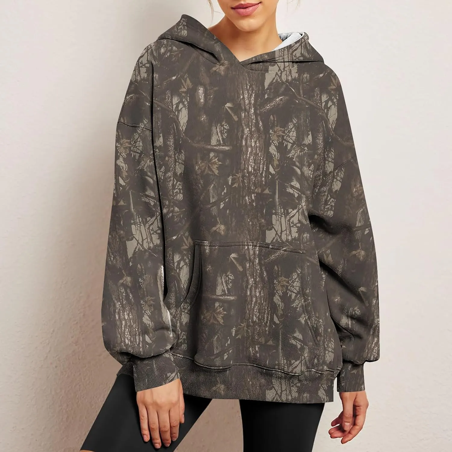 Women Camo Hoodie Maple-Leaf Print Oversized Sweatshirt Y2K Fall Fleece Hooded Sweatshirts With Kangaroo Pocket